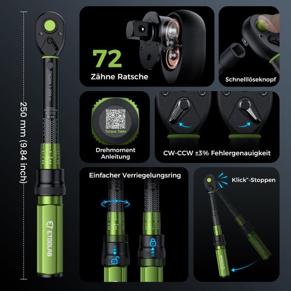 ETOOLAB 1/2 Torque Wrench Dual-Range【20-230Nm/10-170lbf-ft】±3% Precision, 72 Tooth Dual-Direction Adjustable Torque Wrench for Bicycle, Moto, Car Maintenance—3pcs
