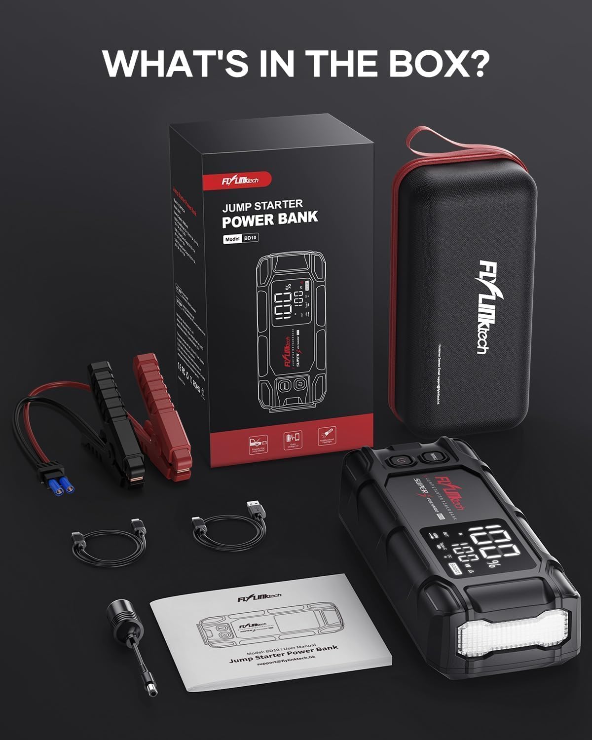 Jump Starter Power Pack, FLYLINKTECH 8000A Peak 26800mAh Car Battery Booster Jump Starter Bank with PD65W Fast Charging for All Gas or 12L Diesel, 12V Battery Jumper with 600 Lumen Light, Jump leads