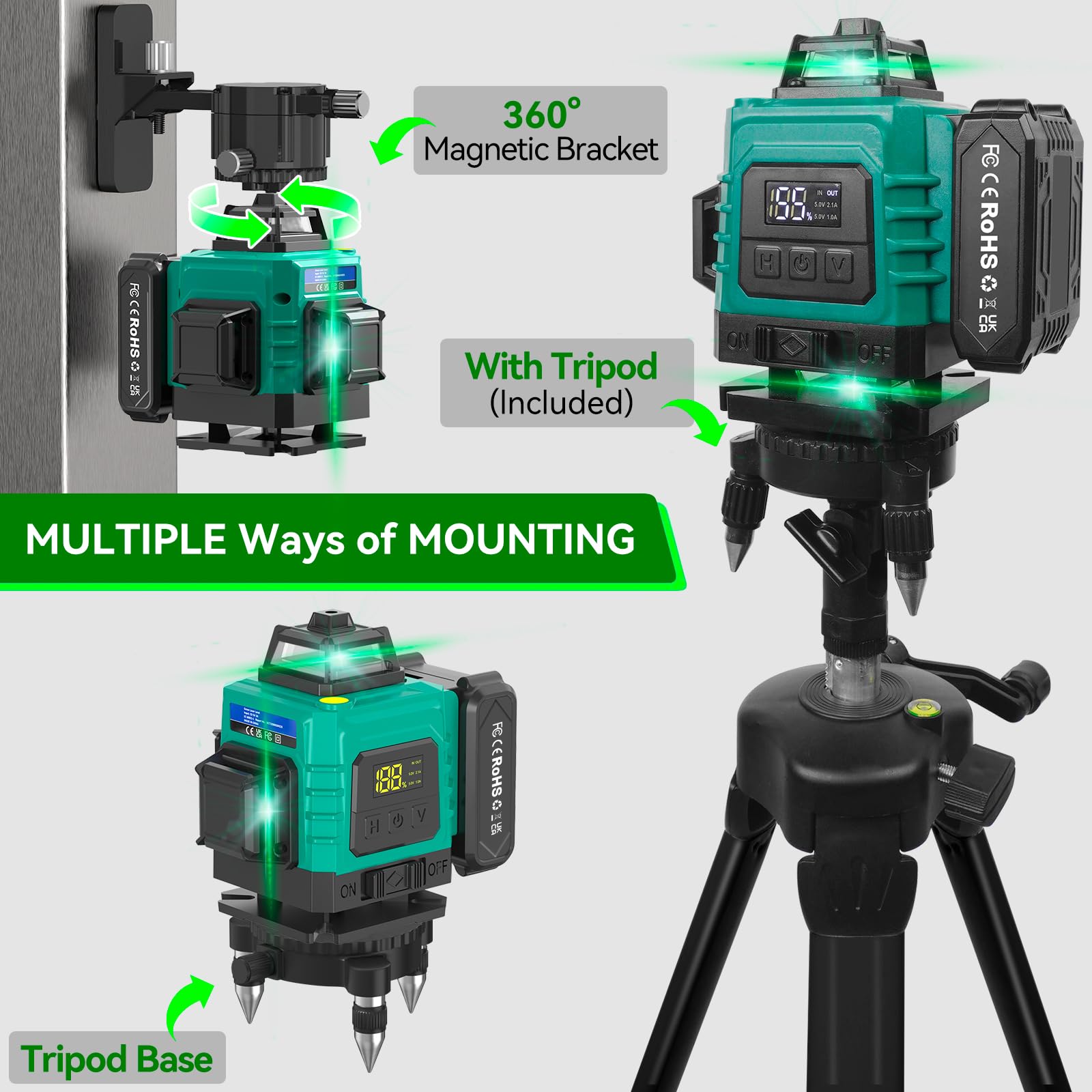 Laser Lever with Tripod, Healfith 4 x 360° 16 Lines Self Leveling Laser Level Green Lazer Level for Construction, Tile, Home Renovation, Picture Hanging