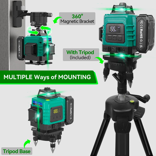 Laser Lever with Tripod, Healfith 4 x 360° 16 Lines Self Leveling Laser Level Green Lazer Level for Construction, Tile, Home Renovation, Picture Hanging