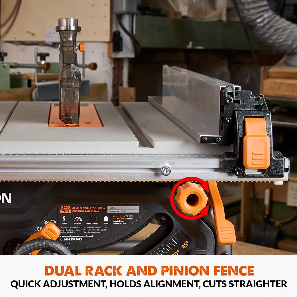 Evolution Power Tools R255TBLX+ Table Saw With Stand (Next Gen Rage 5-S) Multi-Material Cutting Blade Included Cuts Wood Metal Plastic, 45˚ Bevel, +/- 60˚ Mitre Angle, 85mm Cut Depth, 1800w Motor 240v