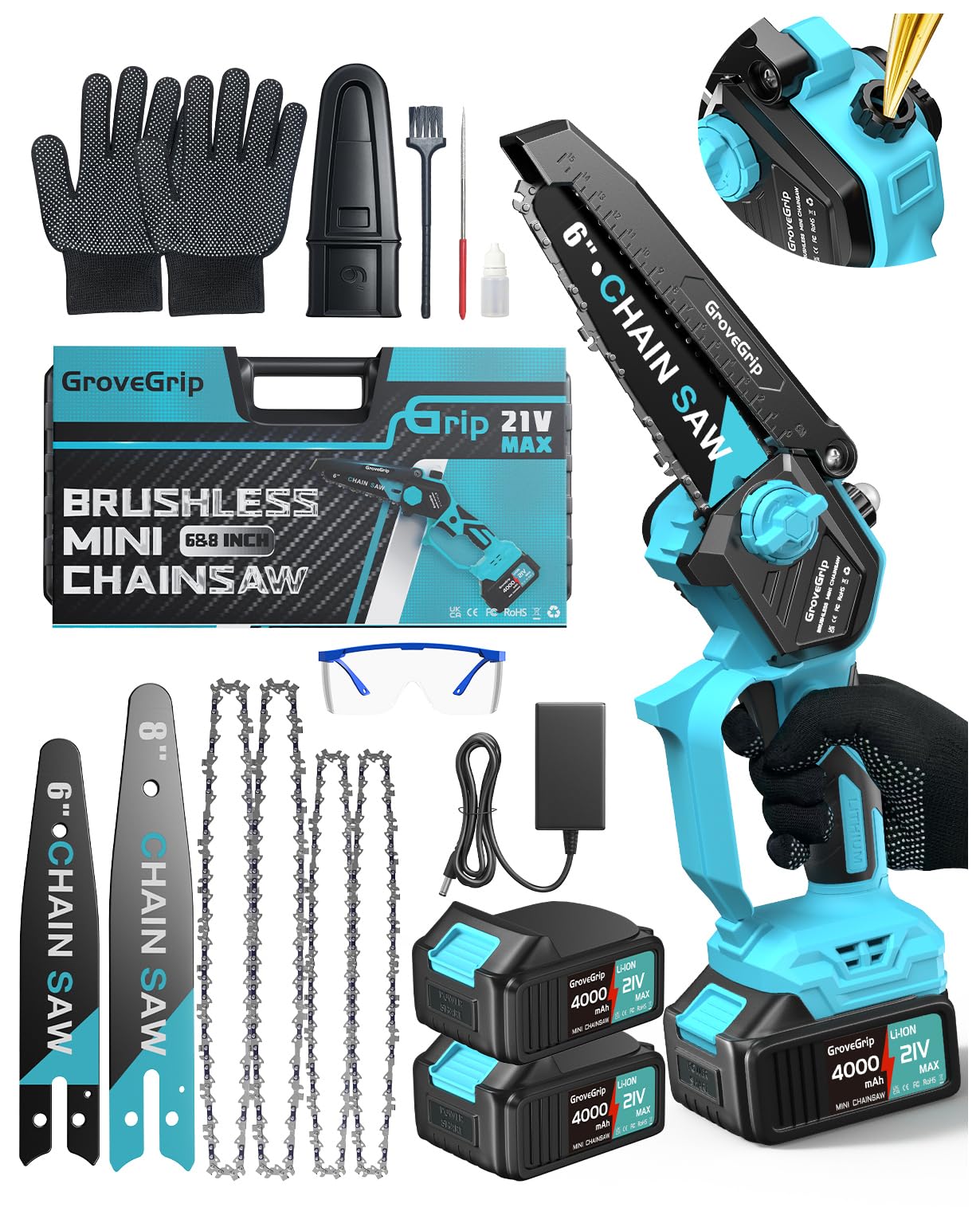 Mini Chainsaw Cordless 8-Inch, 8000mAh Battery & 3 Chain,1400W Brushless Electric Chain saws & Quick Charger,Lightweight Chain Saw for Wood Cutting &Tree Pruning&Auto Oiler