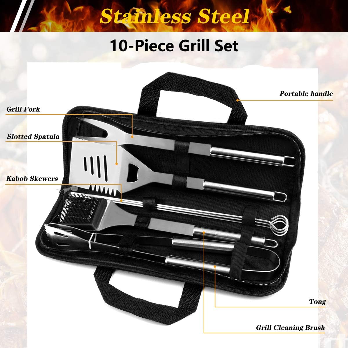 QH7 10 Pack BBQ Barbecue Tool Set, Stainless Steel Outdoor Barbecue Grill Utensils Set with Storage Bags for Picnics and Outdoor Activities
