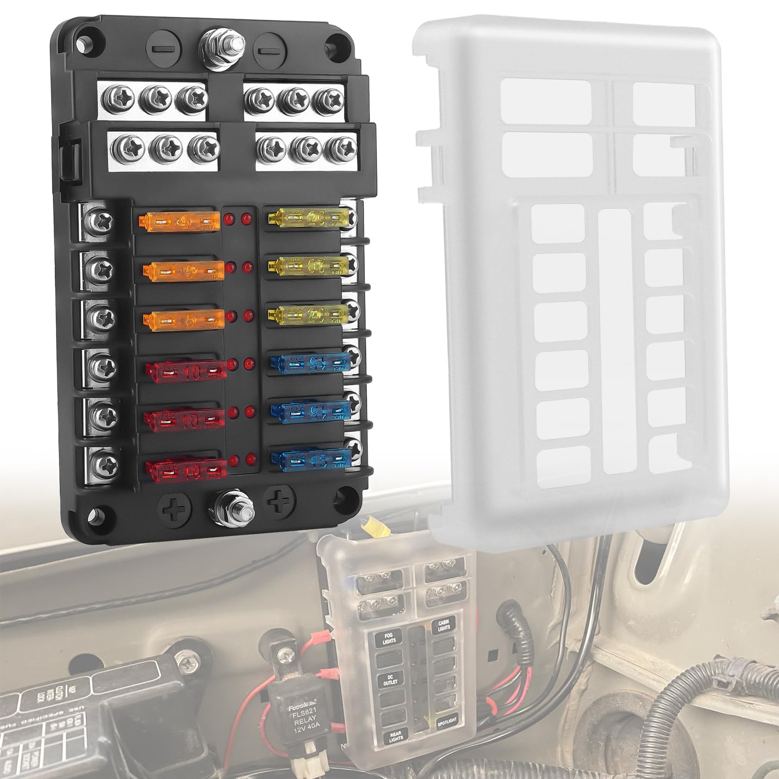 Chelhead 6 Way Boat Fuse Block with LED Indicator 6 Circuit Blade Fuse Blocks 12 Volt Automotive Waterproof with Negative Bus Suitable for 12V/24V Car RV Trailer Truck