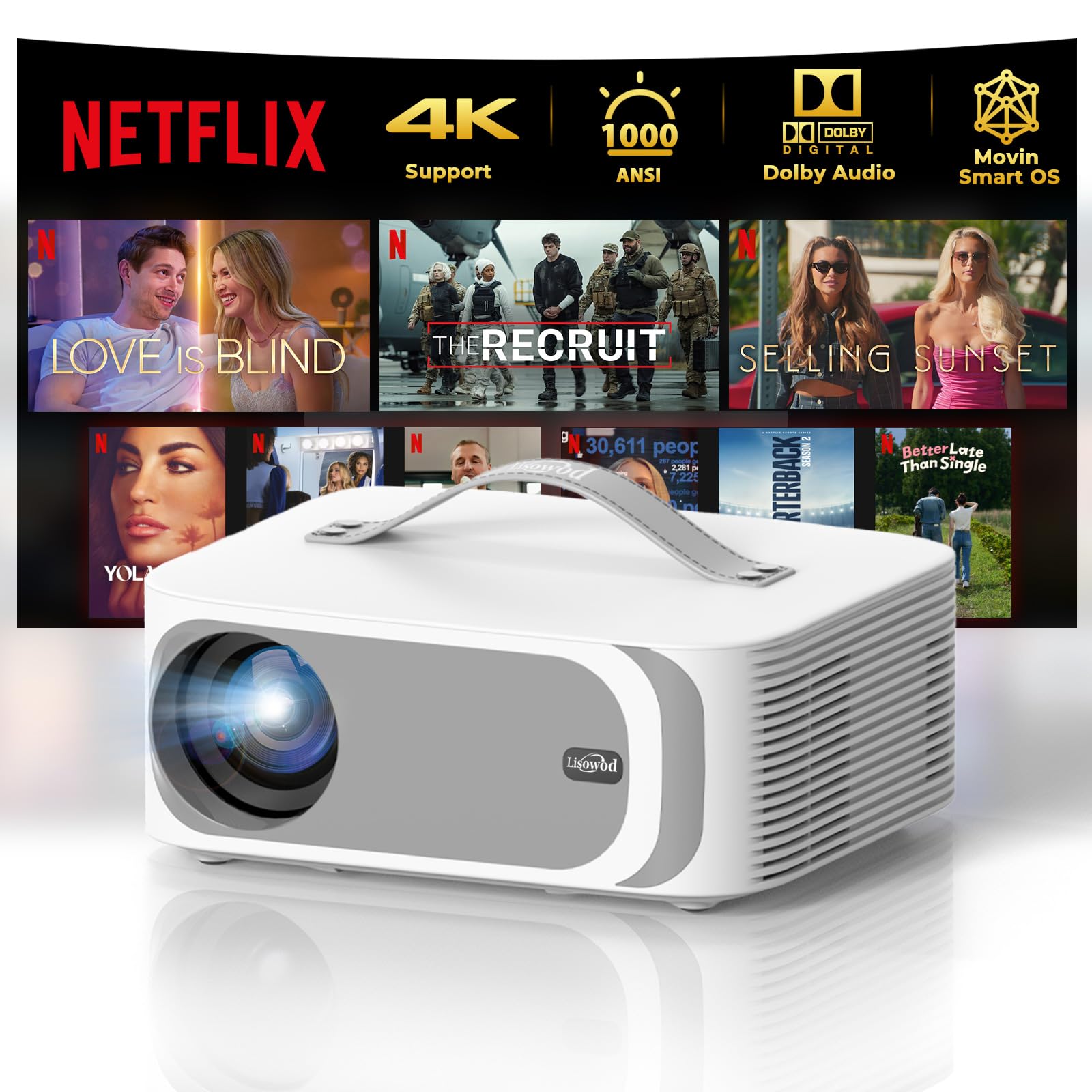 Projector-4K [Built-in mainstream apps/AI Movin 1.0 System/Fits DoIby Audio/E-Focus] 30000 Lumen Native 1080P Outdoor-Projector with WiFi 6 and Bluetooth, Lisowod Smart Portable Proyector with HDR10+