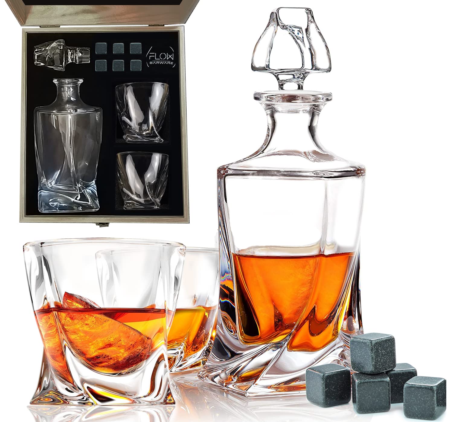 FLOW Barware Deluxe Whiskey Decanter and Glass Set | Twist Design Decanter Set & 2 Whiskey Glasses with 6 Granite Whiskey Stones | Whisky Decanter