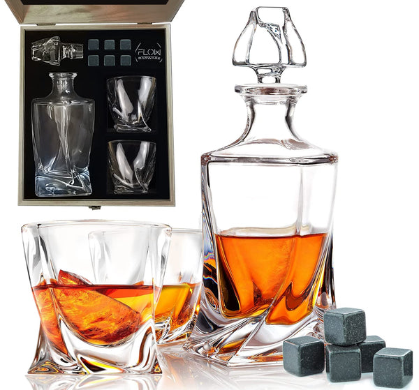 FLOW Barware Deluxe Whiskey Decanter and Glass Set | Twist Design Decanter Set & 2 Whiskey Glasses with 6 Granite Whiskey Stones | Whisky Decanter