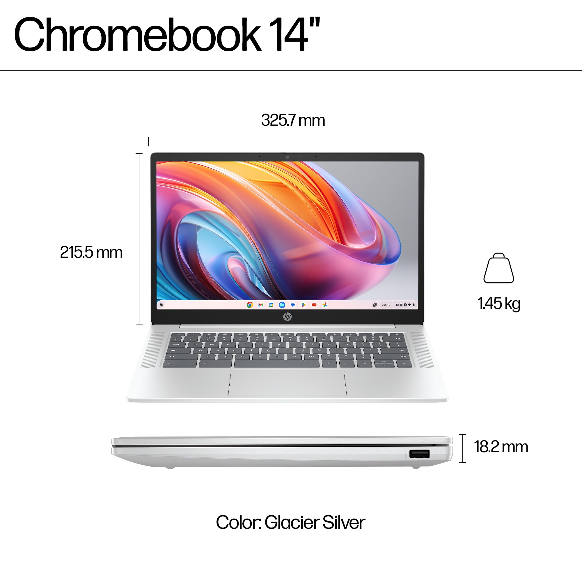 HP Chromebook 14" | Intel Processor N100 Processor| 4 GB RAM | 128 GB Flash Storage | Intel UHD Graphics | HD Display | Up to 12hrs battery | Chrome OS | Dual Speakers | Glacier Silver | 14a-nf0002sa