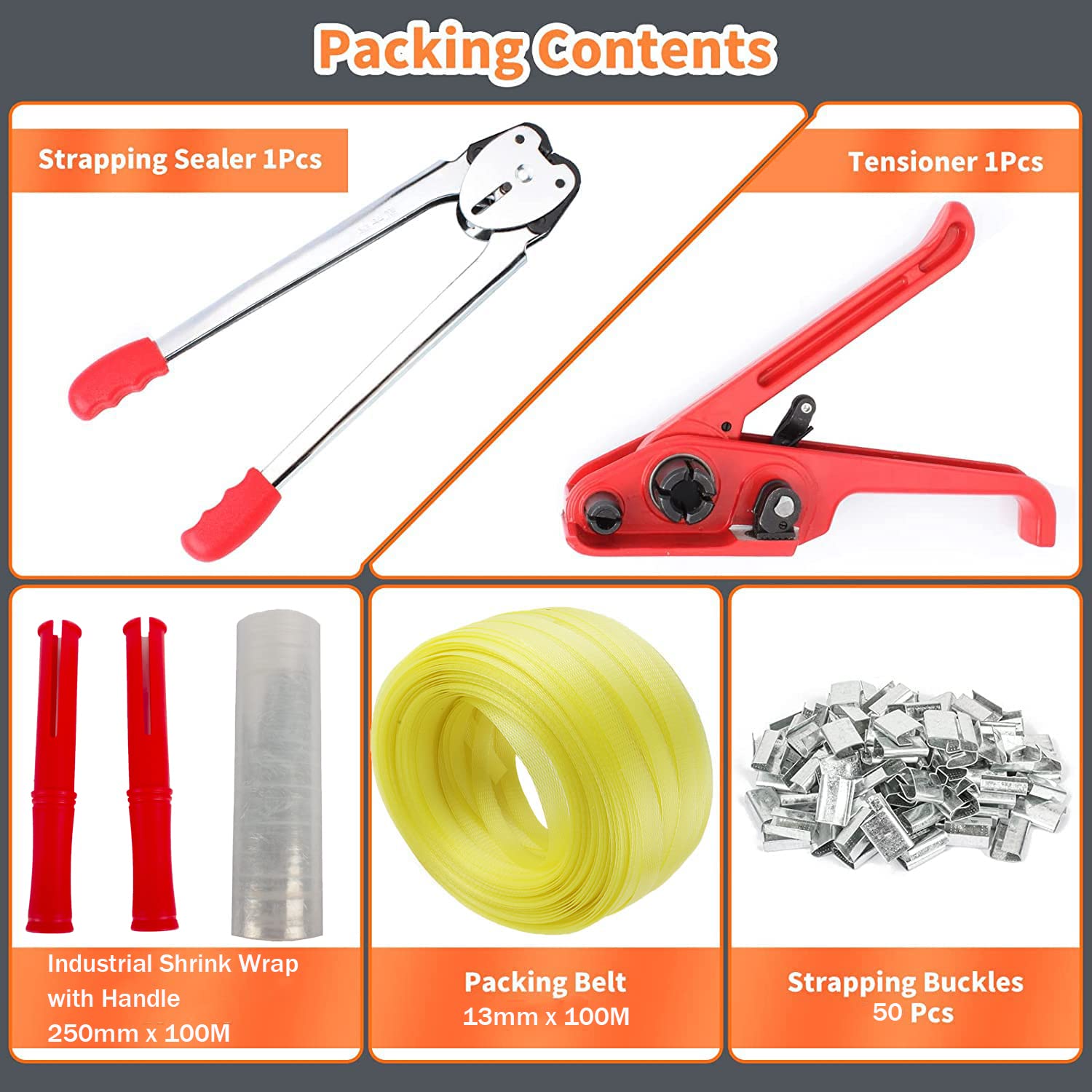 Complete Hand Pallet Packaging Strapping Kit with Tools, 200m PP Band, Metal Seals, and Edge Protectors for Secure Packing