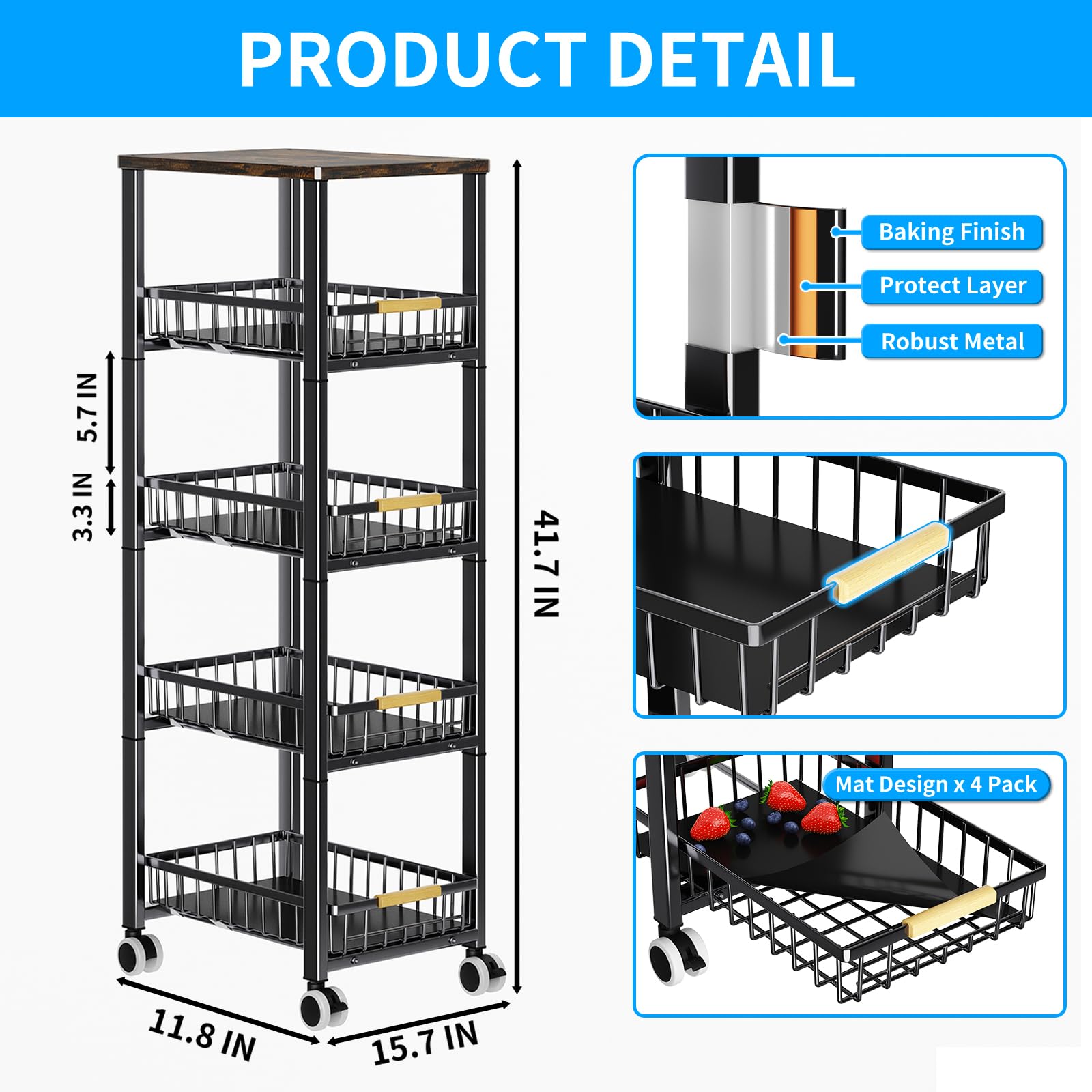Fruit Vegetable Storage Basket for Kitchen, 5 Tier Large Pull-Out Metal Wire Baskets with 4 Pack Mats Bottom, Wood Top and Wheels, Vegetable Produce