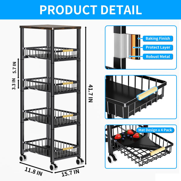 Fruit Vegetable Storage Basket for Kitchen, 5 Tier Large Pull-Out Metal Wire Baskets with 4 Pack Mats Bottom, Wood Top and Wheels, Vegetable Produce
