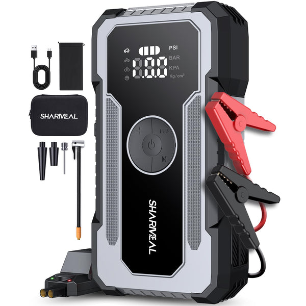 SHARMEAL 6000A Portable Car Battery Booster (all Gas/10L Diesel), Jump Starter Power Pack with 150PSI Air Compressor, 12V Car Jump Starter Power Bank with Jump Leads, LCD Screen, Emergency Light