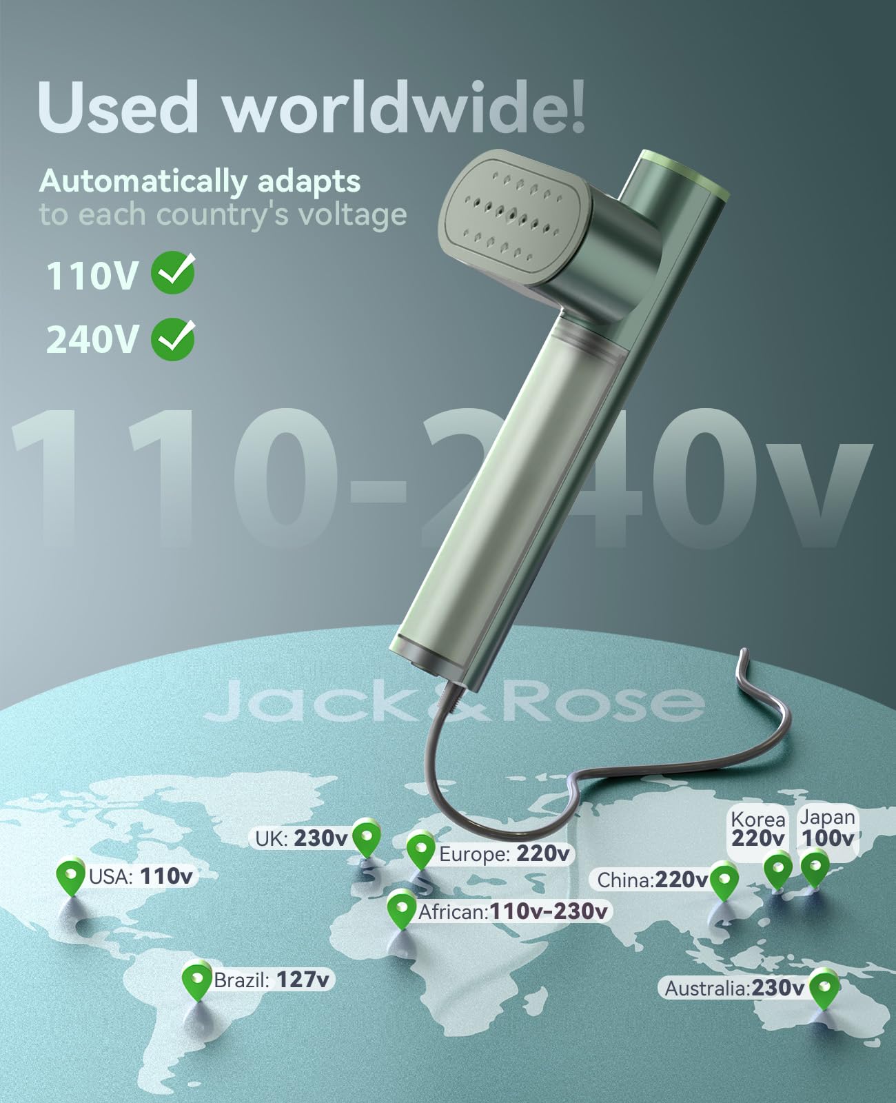 Jack  Rose Clothes Steamer,100-240V Dual Voltage Travel Steamer Clothing, 15s Fast Heat Up,Portable Handheld Steamer for Clothes,2 in 1 Garment