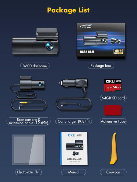 4K Dash Cam Front and Rear, 5GHz WiFi Dashcam with 64GB SD Card, Dual Car Camera Dash Cam with Parking Monitor, Night Vision, WDR, 170° Wide Angle, G-Sensor, Loop Recording, APP Control, Max 256GB