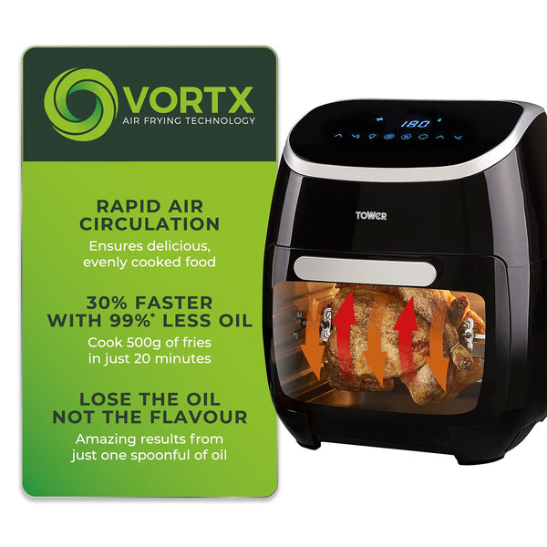 Tower T17122 Vortx Platinum Xpress Digital 30L Air Fryer Oven with Vizion Viewing Window, 18 Cooking Options, 2 Hour Timer, 1800W, Black