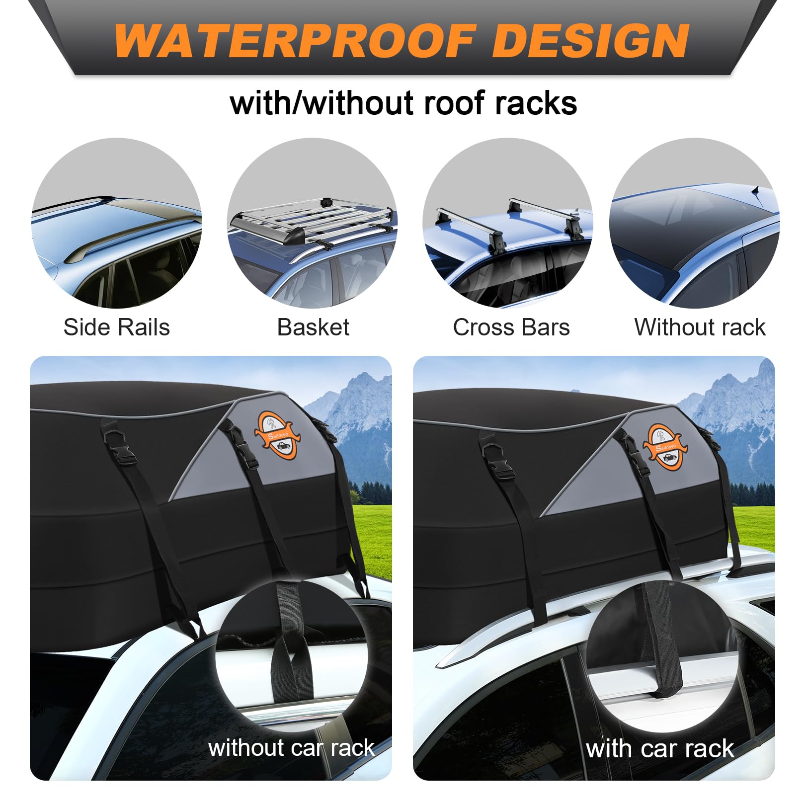 Sailnovo Roof Box Roof Bag 580L/20 Cubic Waterproof Car Roof Bag with 6 Door hooks, Soft-Shell Large Roof Cargo Carrier Bags for Cars without/with Roof Bars/Rack/Rails, Black