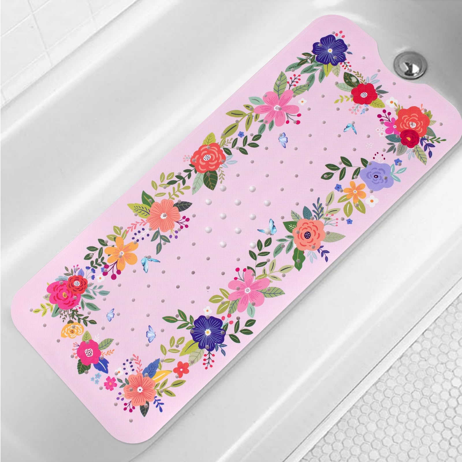 Pink Floral Bathtub Mat Non Slip for Kids 40x16in Extra Long Anti Slip Bath Mat for Tub Abstract Bath Shower Mat with Large Drain Holes and Suction