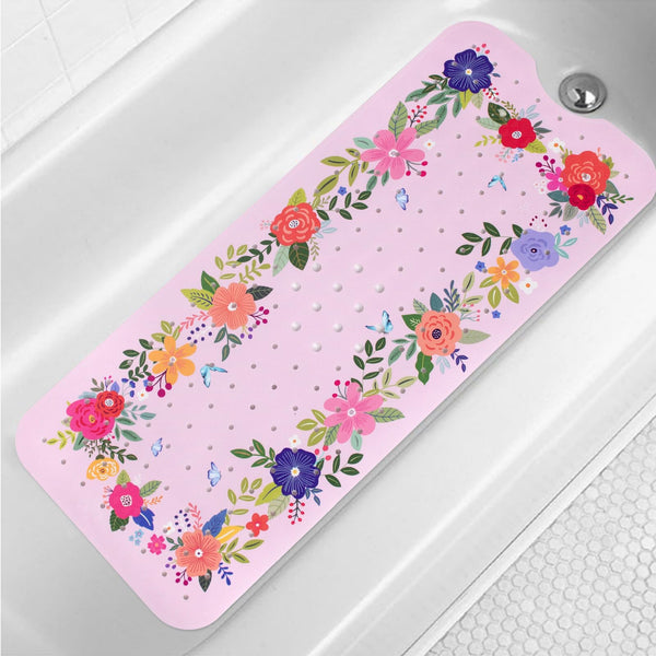 Pink Floral Bathtub Mat Non Slip for Kids 40x16in Extra Long Anti Slip Bath Mat for Tub Abstract Bath Shower Mat with Large Drain Holes and Suction
