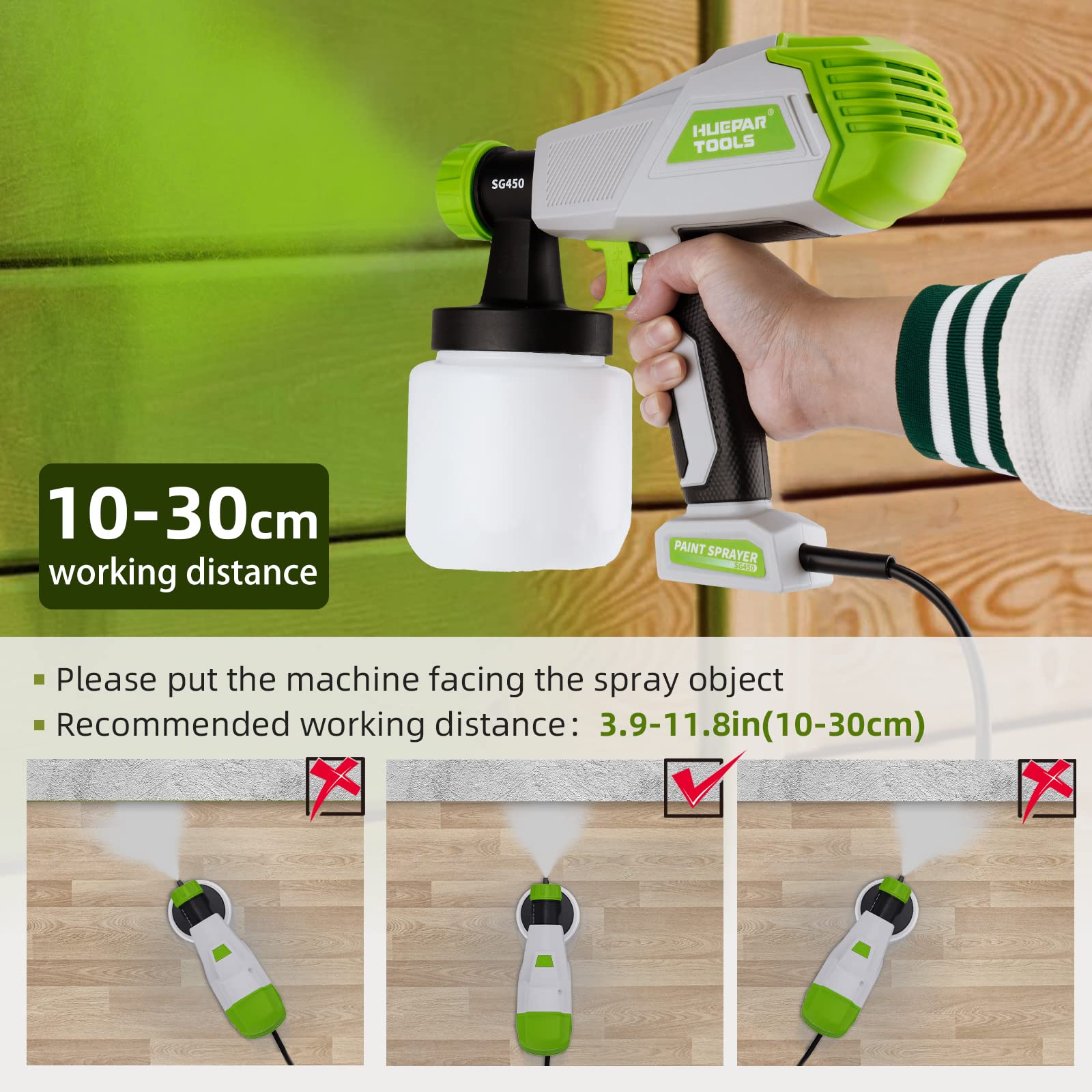 Fence Paint Sprayer 800W, Huepar Tools Electric HVLP Paint Spray Gun, 4 Nozzles, 9.84ft Hose, 3 Patterns, Adjustable Spray, 1300ML Detachable Container, Electric Spray Gun for Indoor & Outdoor