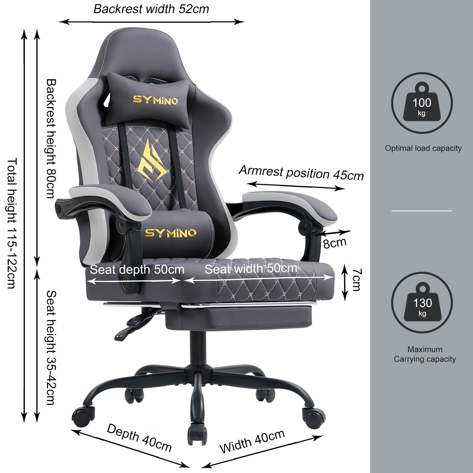 Symino Gaming Chair with Footrest, Computer Ergonomic Video Game Chair, Adjustable Swivel Task Chair with Lumbar Support, PC Chair, Office Chair PU Leather, Grey&White