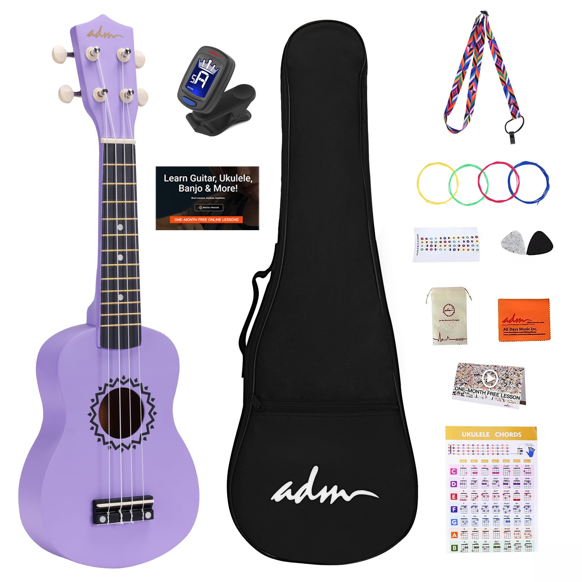 ADM Soprano Ukulele Set for Kids and Beginners, Ukulele Starter Kit with Bag, Clip-On Tuner, Rainbow Strings, Colourful Strap, Plectrum, Fingerboard Sticker, Chord Card (Dark Blue)