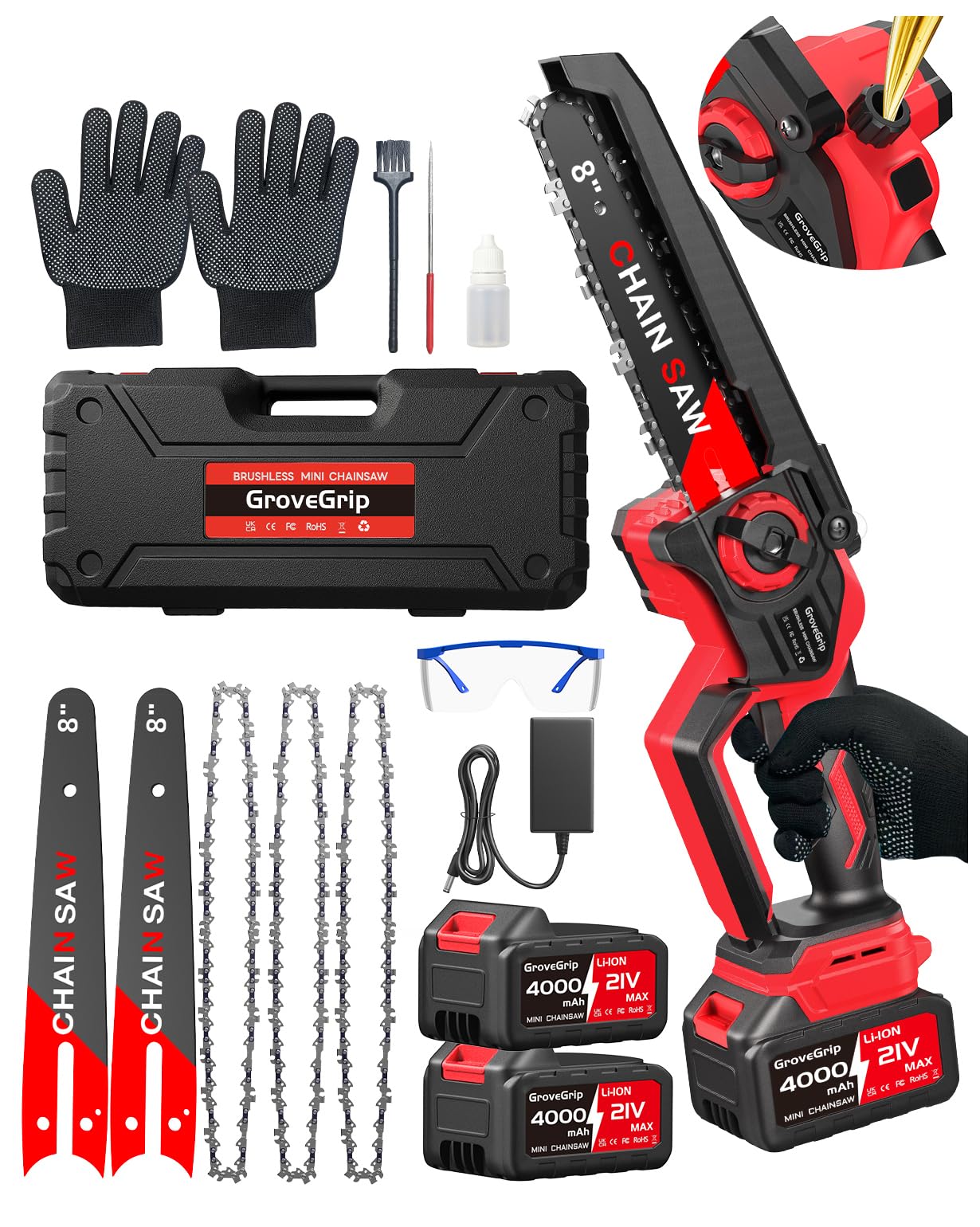 Mini Chainsaw Cordless 8-Inch, 8000mAh Battery & 3 Chain,1400W Brushless Electric Chain saws & Quick Charger,Lightweight Chain Saw for Wood Cutting &Tree Pruning&Auto Oiler