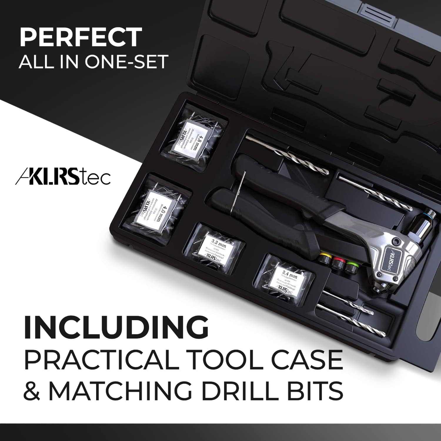 KLRStec® Professional Rivet Gun Kit incl. 120 Pop Rivets and 4 HSS Drills - High Quality Pop Rivet Tool Kit for Processing Pop Rivets