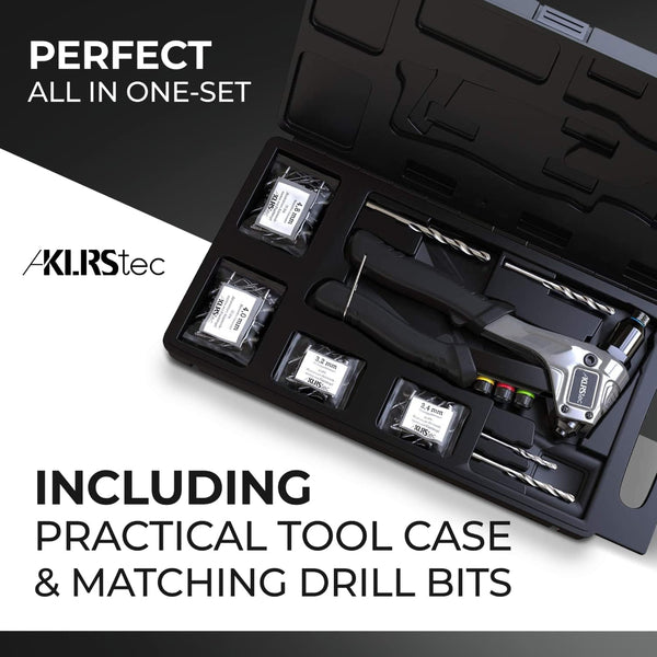 KLRStec® Professional Rivet Gun Kit incl. 120 Pop Rivets and 4 HSS Drills - High Quality Pop Rivet Tool Kit for Processing Pop Rivets