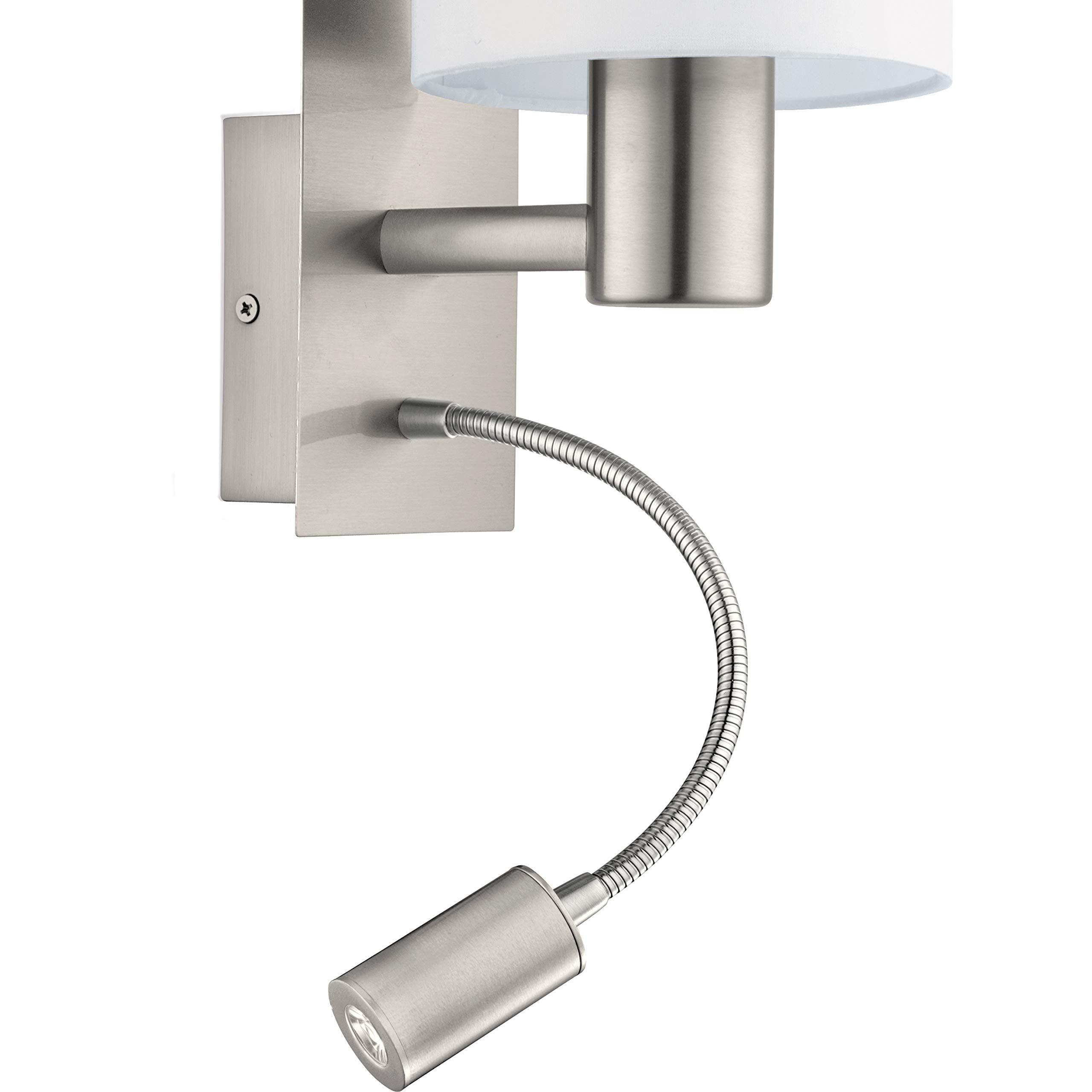 Eglo Pasteri LED Wall Light, Nickel Matt Steel and White Fabric Wall Lamp, E27 Socket, incl. Switch and Flexible Reading Lighting