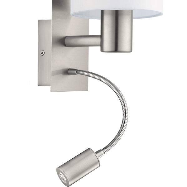 Eglo Pasteri LED Wall Light, Nickel Matt Steel and White Fabric Wall Lamp, E27 Socket, incl. Switch and Flexible Reading Lighting
