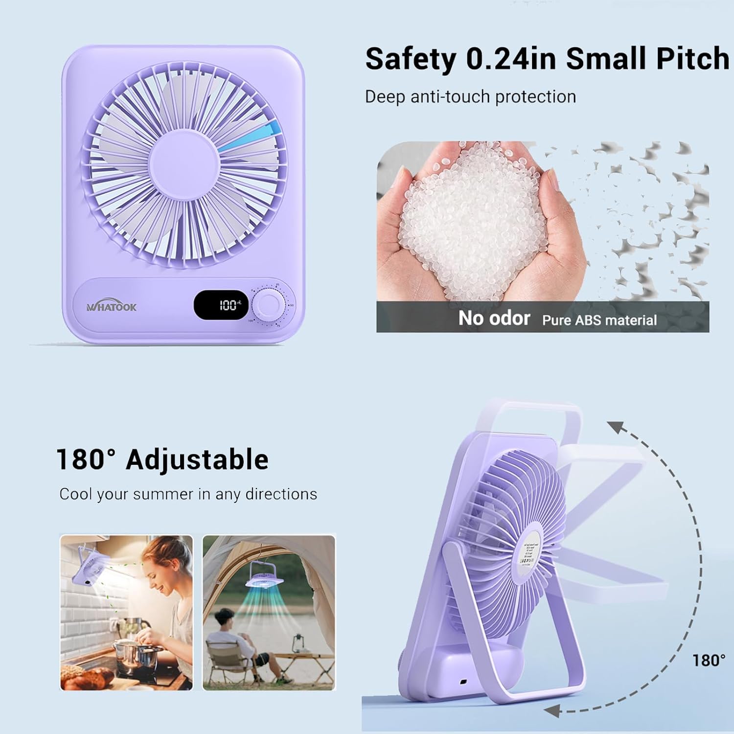 WHATOOK Mini Desk Fan USB: 2000mAh Rechargeable Ultra Quiet 1-100 Speeds Desktop Fans with LED Display, 3-10H Runtime, Child-Safe Grille Cooling Small Portable Table-Fan for Home, Office & Travel