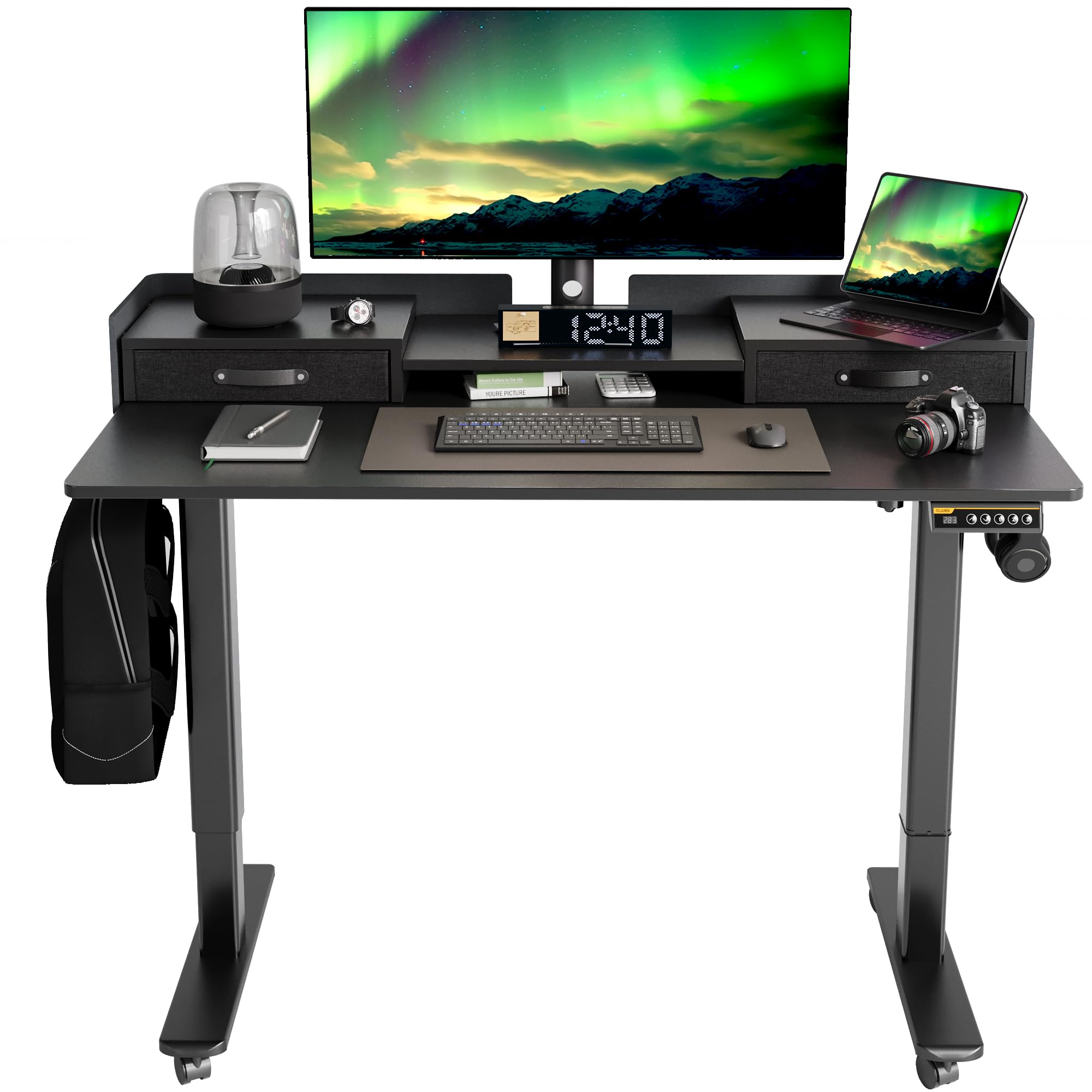 Claiks Electric Standing Desk with Drawers, 120x60cm Height Adjustable Desk with Storage Shelf and Splice Board, Stand Up Desk for Home Office, White Frame/Maple Top