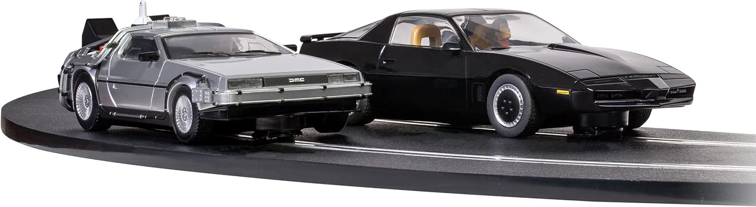 Scalextric Racing Track Sets for Kids - 1980s TV Back to the Future vs Knight Rider Speed Track - Electric Race Tracks for Boys & Girls 5+, Slot Car Race Tracks - 1:32 Scale Mini Car Racing Sets