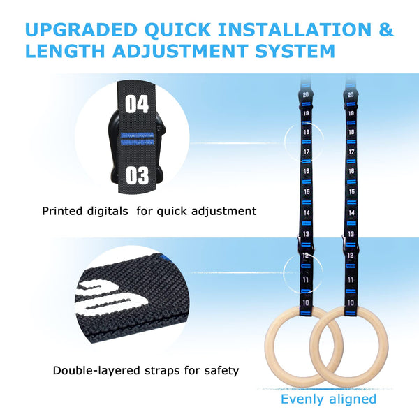 Zingtto Wooden Gymnastic Rings with Adjustable Numbered Straps. 1.25'' Olympic Rings for Core Workout, Crossfit, Bodyweight Training. Home Gym Rings