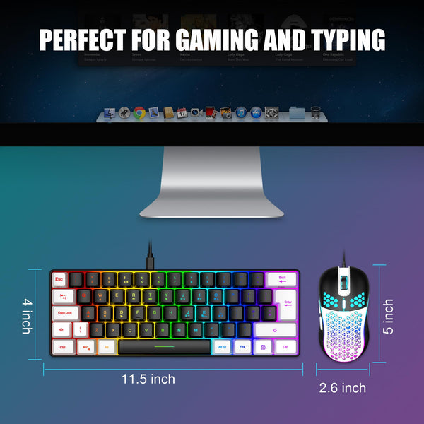 RedThunder 60% RGB Gaming Keyboard and Mouse Combo, UK Layout Ultra Compact Backlit Mini Keyboard, Lightweight 7200 DPI Cellular Optical Mouse, Portable Wired Gaming Set for PC PS5 Xbox Gamers (Black)