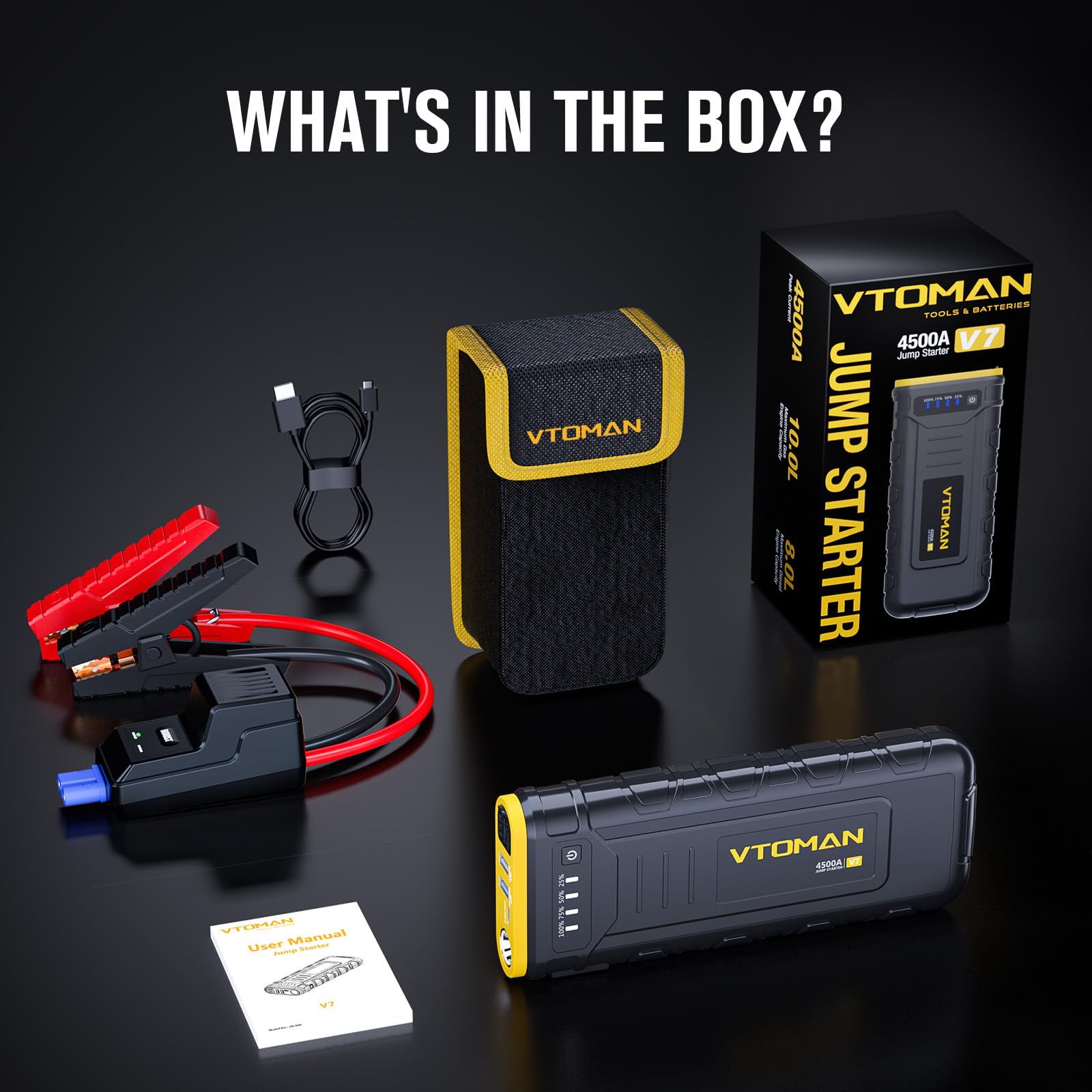 VTOMAN V7 4500A Jump Starter Power Pack, Car Battery Booster Jump Starter (Up to 10L Gas or 8L Diesel), 12V Car Jump Starter Power Bank with LED Flashlight, Fast Charging, 15V DC Port