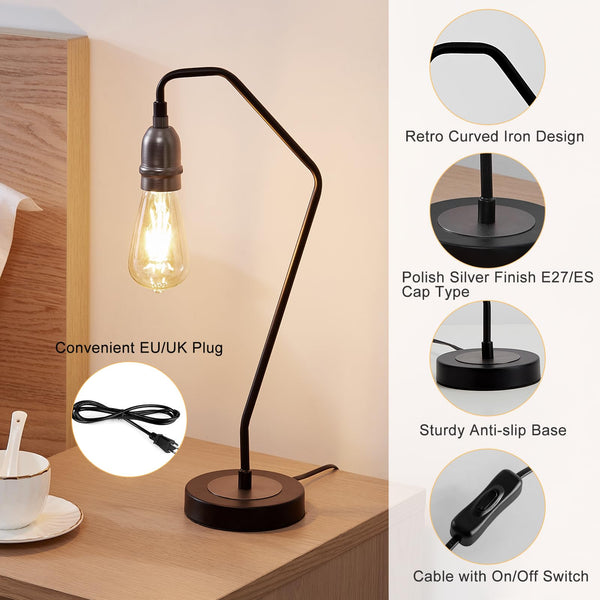 HARPER LIVING Retro Table Lamp, E27 Desk Lamp with 189cm Cable On/Off Switch, Black and Silver Finish, Plug-in Bedside Lamp for Living Room, Bedroom,