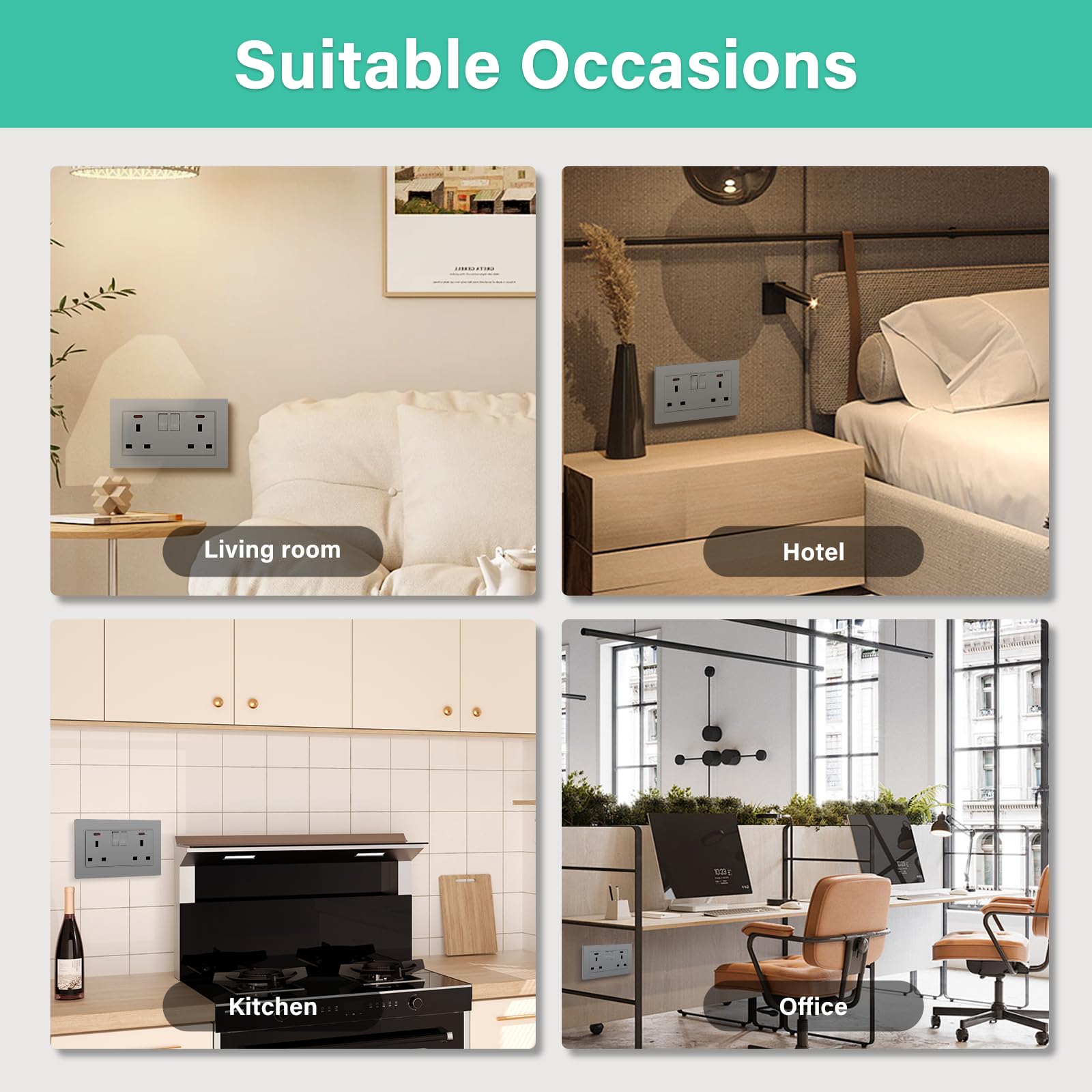 BSEED Double Socket 13A with LED Indicator, Double Switched Wall Socket 2 Gang UK Standard, Electric Switched Plug Power Wall Outlet with Glass Panel, Grey