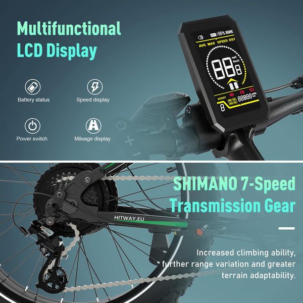 HITWAY 26" 4.0 Fat Tire Electric Bike,Electric Bicycle with 250Watt Moter 48V 15Ah Lithium Battery, 7 Speed Gear E Mountain Bike，range 70-150km