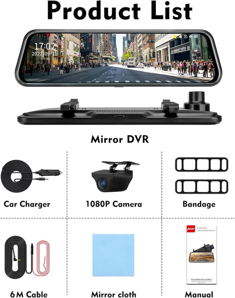 【Upgraded】10 Inch Mirror Dash Cam Night Vision 1080P Full Touch Screen Dual Dash Cam Front and Rear Camera Car Rear View Mirror Loop Recording 170° Wide Angle Parking Assistance