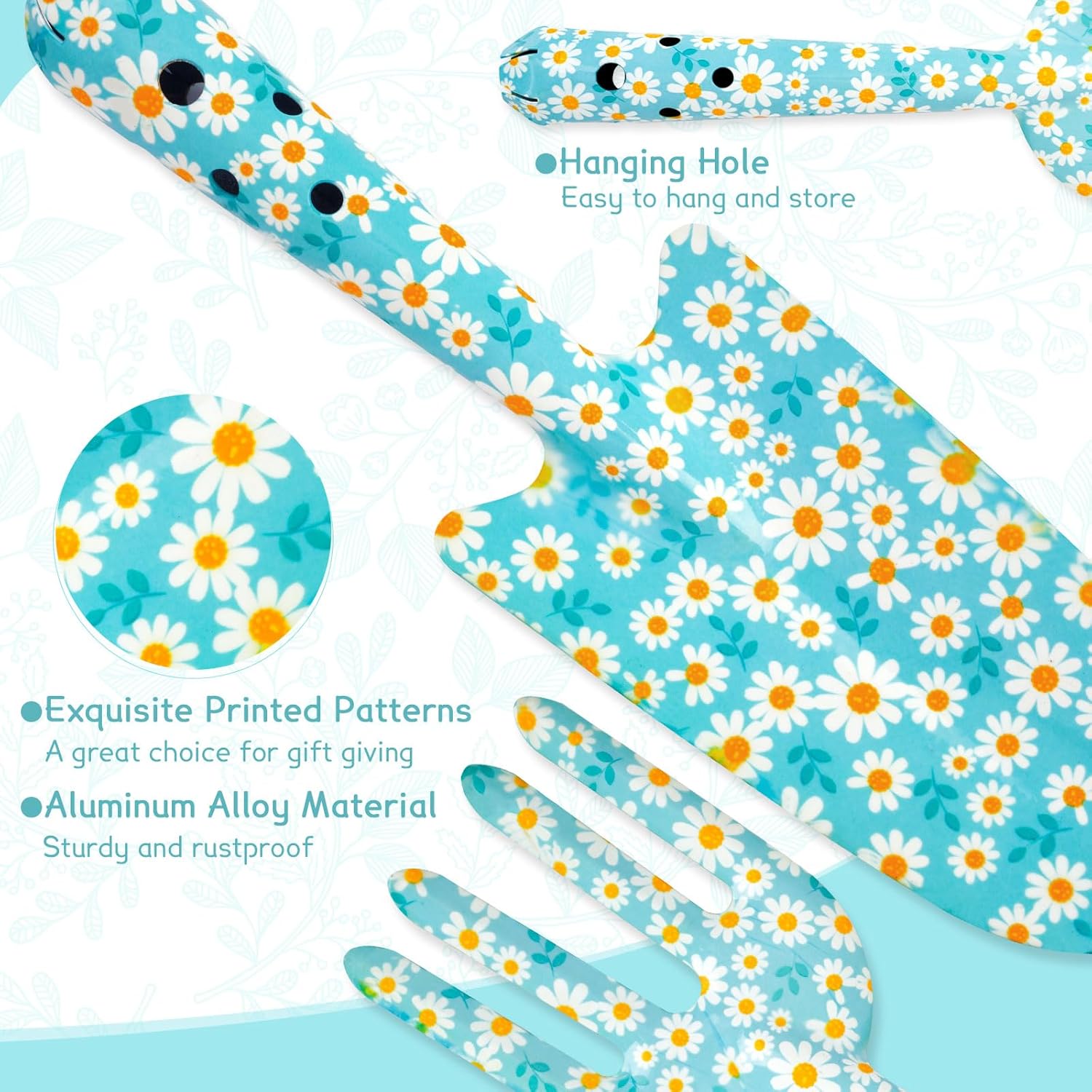 Garden Tools Gardening Gifts for Women, Trowel, Fork, Scissor, Candles and Hand Cream, Gardening Gifts for Women, Ladies Hamper with Daisy Print, Birthday Gifts for Women