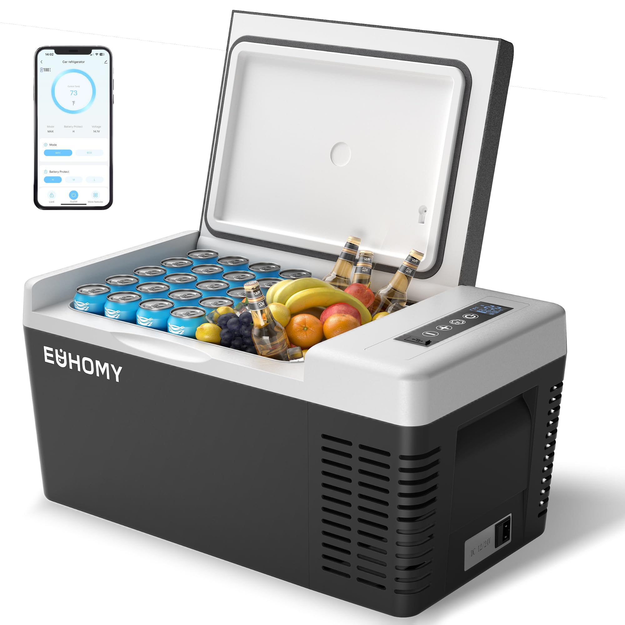 EUHOMY 18L Car Fridge, Compressor Fridge -20℃~20℃, Portable Refrigerator 12/24V DC 100-240V AC, Portable Freeze with APP Control for Camping, Travel, Boat