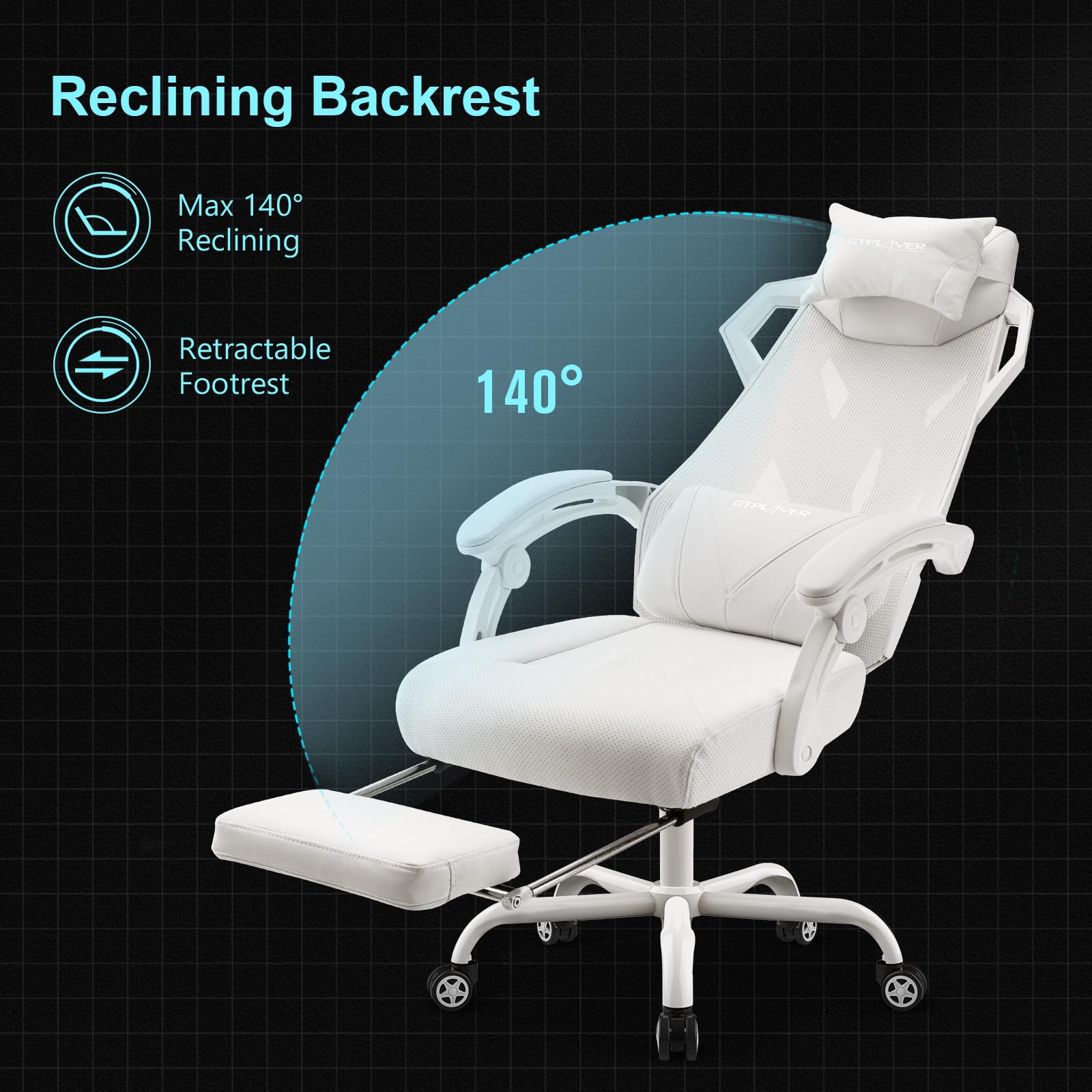 GTPLAYER Mesh Gaming Chair with Footrest 3D Stereoscopic Frame Support Ergonomic Fabric CoverReclining Computer Office Desk Chair Height Adjustable