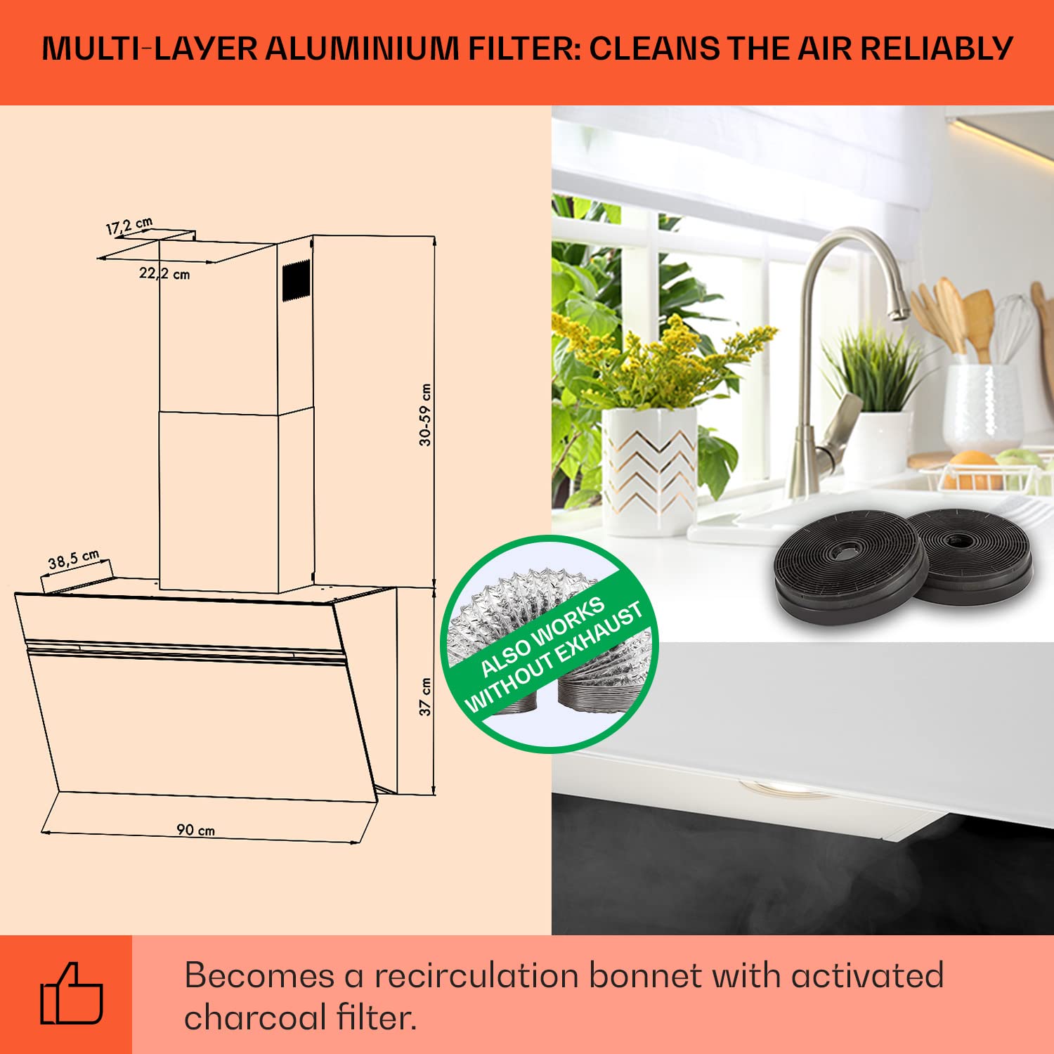 Klarstein Alina 90 Angled Cooker Hood - 600m³/h Air Flow, Touch Panel, LED Backlighting, Quiet 63dB, Energy Class A, 90cm Extractor Hood, Black