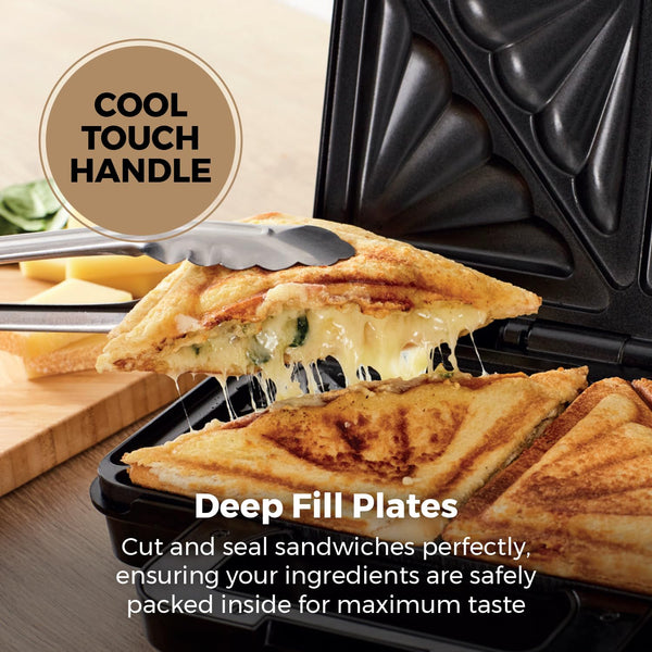 Tower T27032 3-in-1 Deep Filled Snack Maker with Non-Stick Coated Plate and Automatic Temperature Control, 900W, Stainless Steel