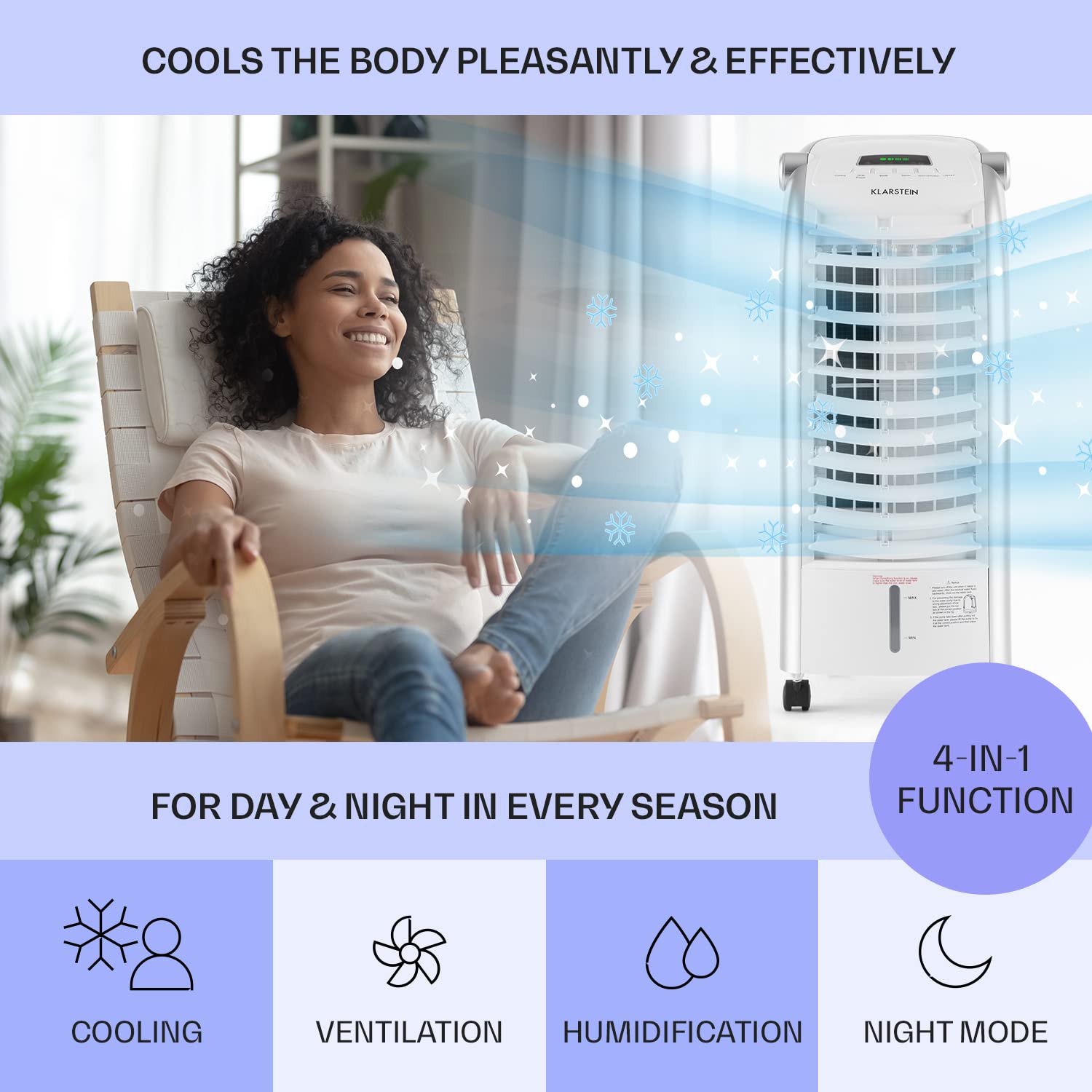 Klarstein 65W Portable Air Cooler, 4-In-1 Evaporative Air Coolers for Home, Silent with Night Mode, Humidifier, Ventilator, Small Water Cooler, 6 L Ice Fan Portable Cooler, 444m³/h Air Flow, White