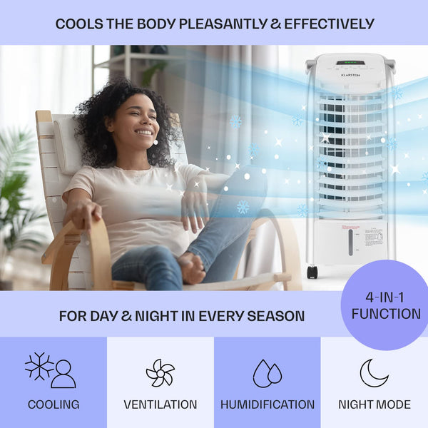 Klarstein 65W Portable Air Cooler, 4-In-1 Evaporative Air Coolers for Home, Silent with Night Mode, Humidifier, Ventilator, Small Water Cooler, 6 L Ice Fan Portable Cooler, 444m³/h Air Flow, White