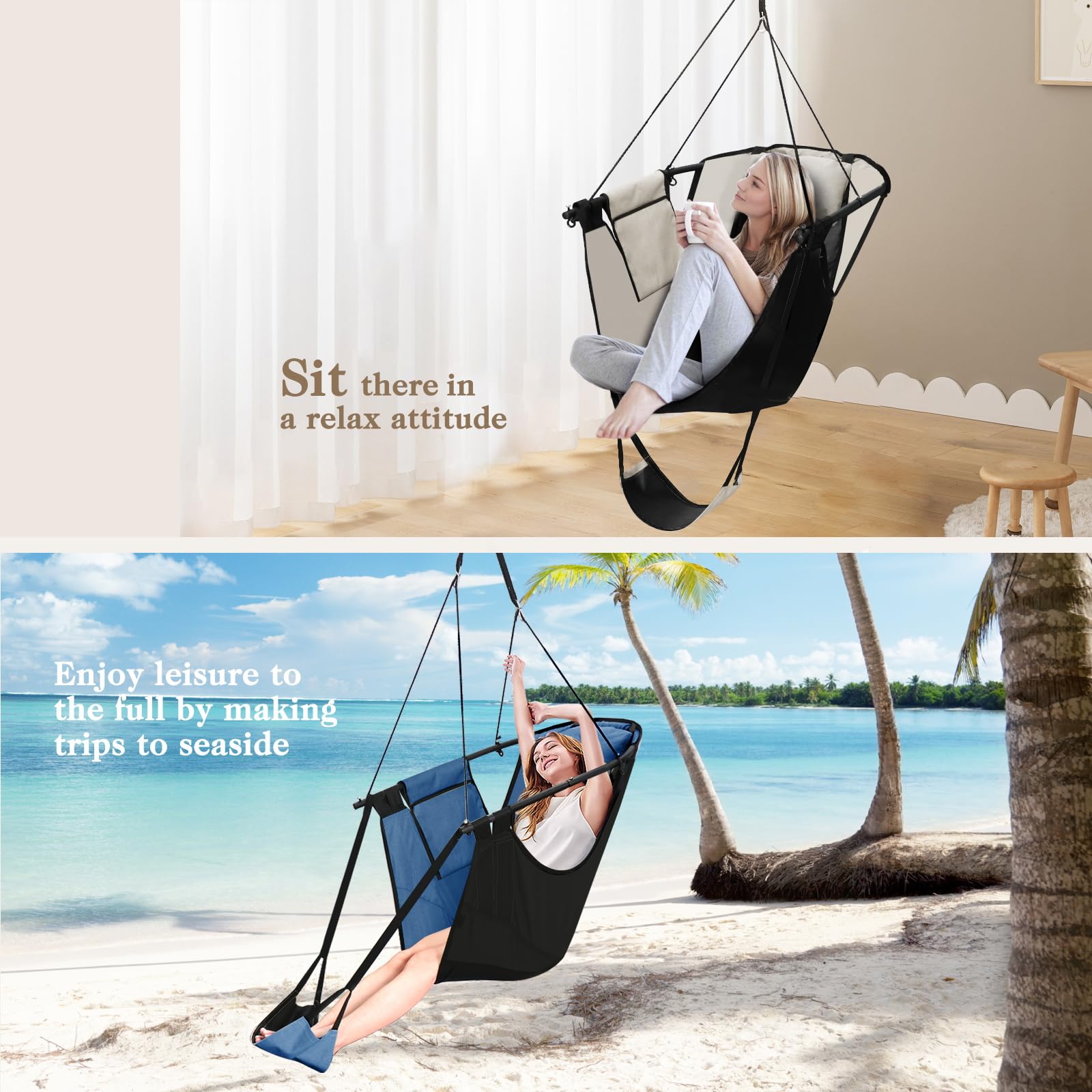 Chihee Hanging Chair with Footrest,U-Shaped Metal Frame Hammock Chair,Robust Oxford Fabric Teslin Swing Chair with Side Pocket Pillow Carabiner Strong