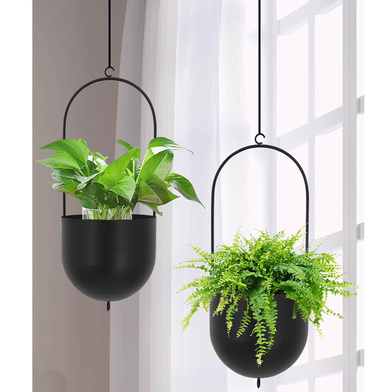 ibigbean Set of 2 Metal Hanging Planters Flower Pots Matte Black Big Size Pots Mid Century Modern for Home Dector Indoor & Outdoor