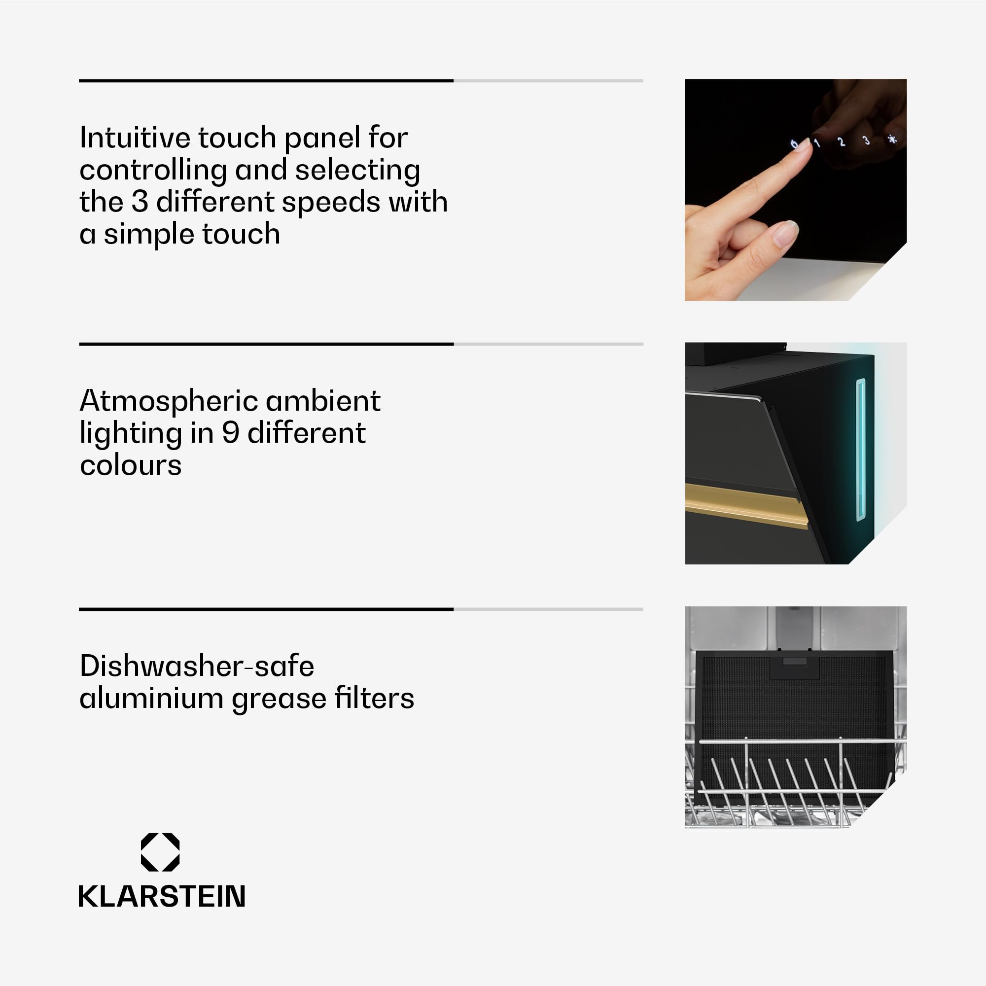 Klarstein Alina 90 Angled Cooker Hood - 600m³/h Air Flow, Touch Panel, LED Backlighting, Quiet 63dB, Energy Class A, 90cm Extractor Hood, Black